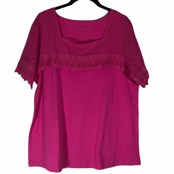 Jessica London 12 Shirt Pink Crochet Top Fuchsia T-Shirt Short Sleeve - Picture 1 of 5